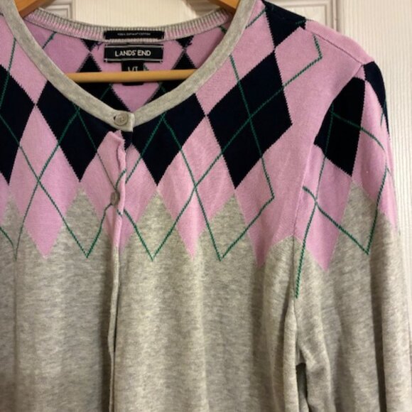 Lands End Women's Tall 100% Supima Cotton Gray Argyle Cardigan Sweater Size LT - Picture 2 of 6